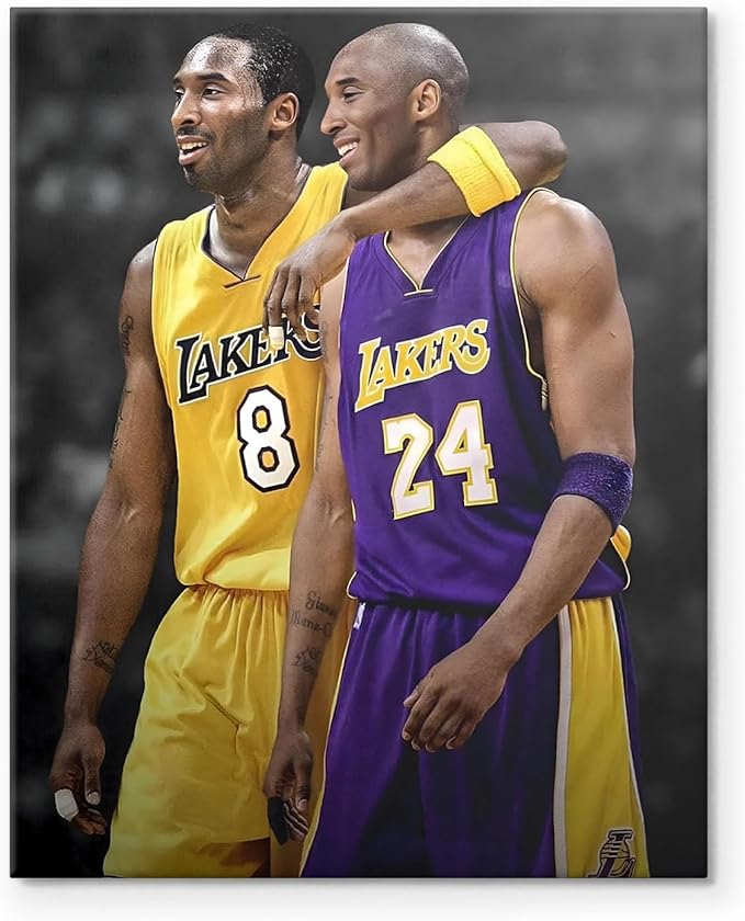 Kobe Bryant Canvas Wall Art Print Poster, Iconic Basketball Player Dual-Era Tribute Artwork, No. 8 and No. 24 Jersey Mamba Mentality Wall Decor for Home Gym Dorm Office Living Room, Framed 8x10inch
