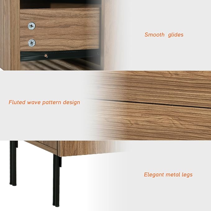 WAMPAT 94.5" W Fluted Dresser for Bedroom, Modern 9 Drawer Dresser TV Stand with Hidden Handles, Wooden Chest of Drawers Closet Clothes Storage Organizer for Bedroom, Living Room, Light Walnut