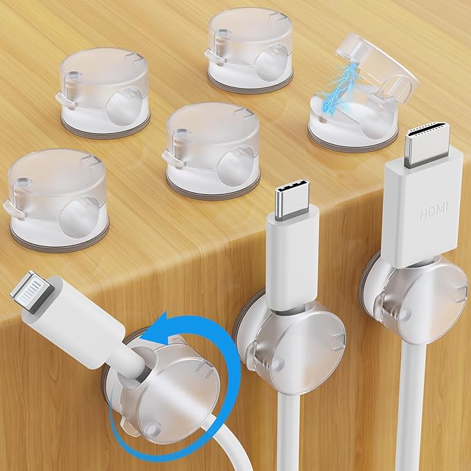 AGPTEK 8 Pack Magnetic Cable Clips, Upgraded 360° Rotatable Cord Holder Clips for Nightstand, Desk Cord Organizer Adhesive Wire Management Home Office Phone Charging Cords USB Cable Keeper (Clear)