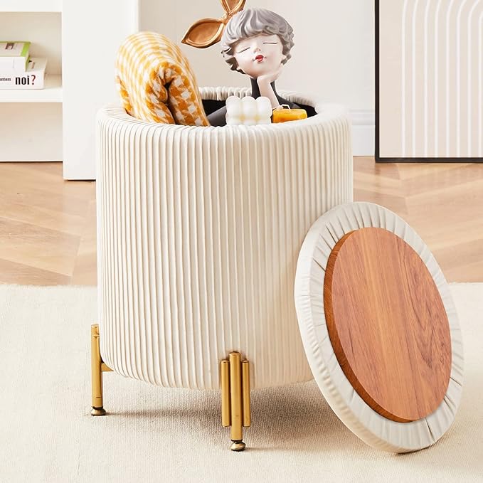 Mxfurhawa Round Ottoman Foot Stool with Storage and Metal Legs for Living Room Bedroom, Velvet Upholstered Footrest Stool Support 300lbs Modern Padded Seat Ottoman Coffee Table (Cream)