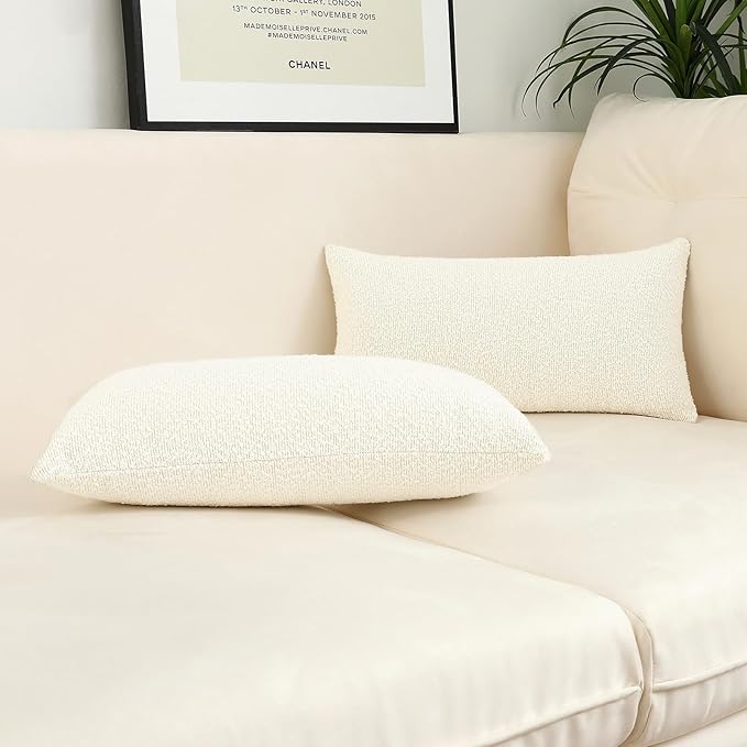 Jeneoo Ivory Decorative Long Lumbar Thick Throw Pillow Covers Fine Textured Boucle Couch Cushion Cases for Sofa Decor, Set of 1, 14 x 36 Inch