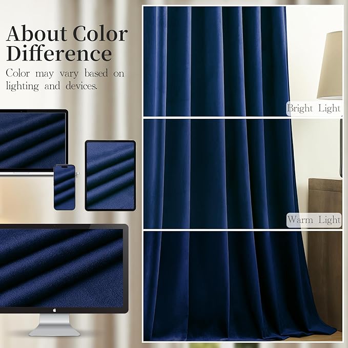 Navy Blue Velvet Blackout Curtains 96 Inches for Bedroom, Elegant Privacy Room Darkening Thermal Insulated Curtain Soft Luxury Window Drapes for Living Room,Back Tab Rod Pocket, W52 x L96, 2 Pcs