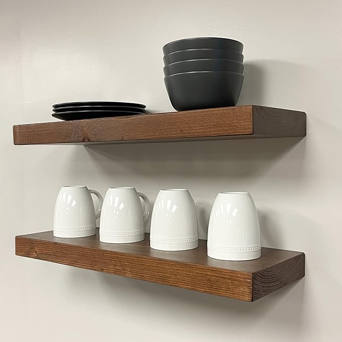URBANDI, Rustic Floating Shelves, Set of 2, Hidden Bracket, Solid Wood, Heavy Duty, Wall Mounted Shelves, (Provincial, 24Wx6D)