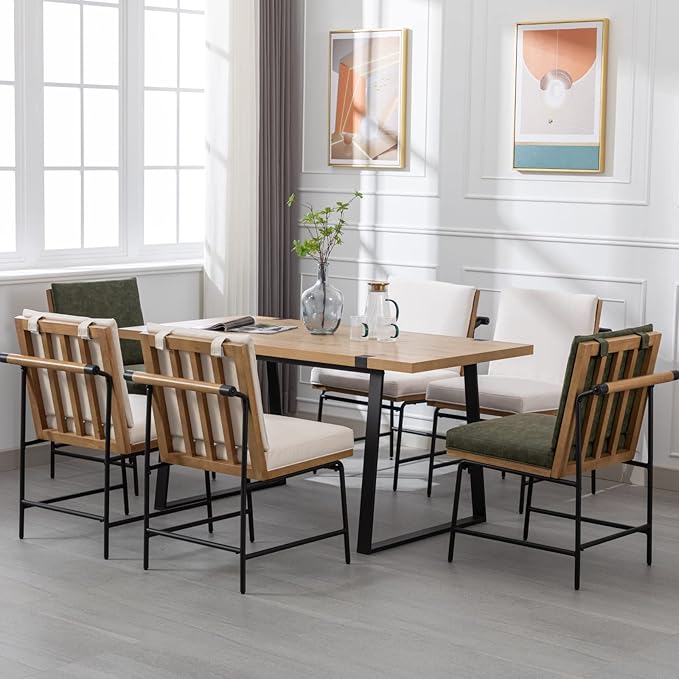 Modern Dining Chairs Set of 6, Comfy PU Leather Side Chairs Upholstered with Backrest Black Metal Legs for Dining Room Living Room, Beige