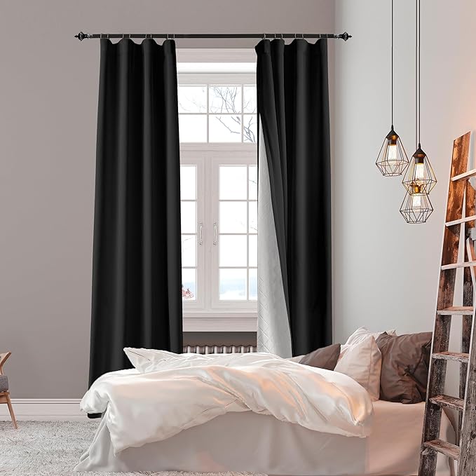 100% Blackout Thermal Insulated Curtains, 3 Layers Noise Absorbing, Soundproof Back Tab Drapes for Sliding Glass Door Baby Nursery Bedroom with Hooks, Black 50x84 Inch Set of 1