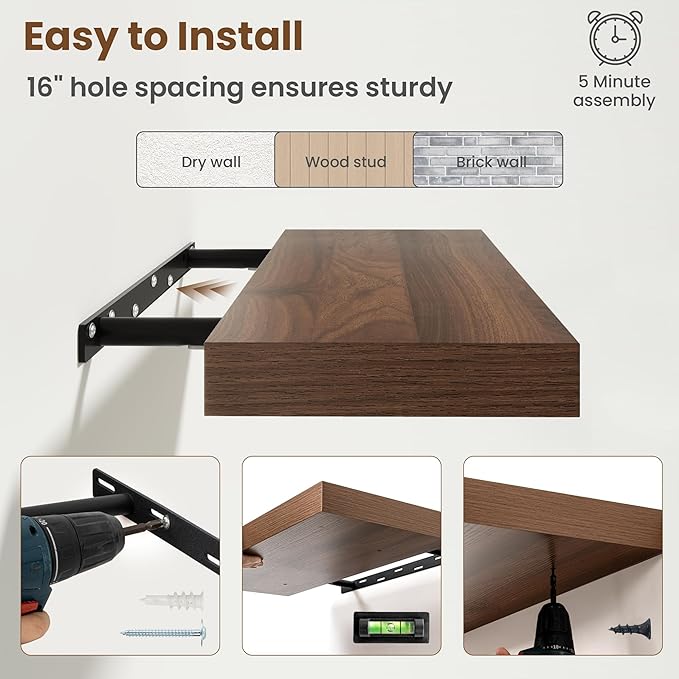 36 Inch Floating Shelves for Wall, 8 Inch Deep Floating Shelf for Storage & Display, Rustic Wall Mounted Shelf with Invisible Brackets for Living Room, Kitchen, Bathroom, Home Decor, Set of 2, Walnut