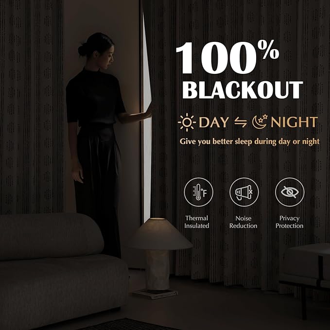 100% Boho Blackout Curtains 90 Inches Long for Bedroom, Black on Beige Patterned Bohemian Curtains for Living Room, Geometric Striped Thermal Insulated Window Drapes Gromment Top 2 Panels