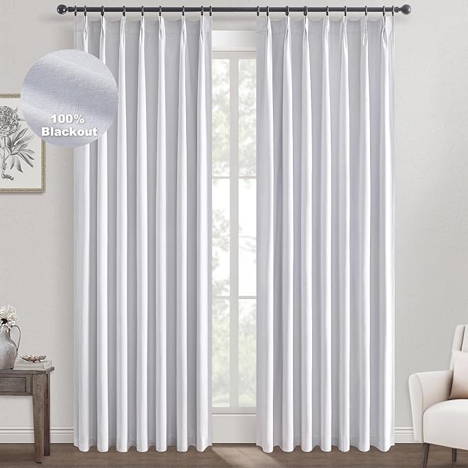 Topfinel White 105 Inches Long Custom Blackout Linen Curtains, Pinch Pleated Noise Cancelling Curtains with Pin Hooks for Traverse Rods, Viral Drapes 2 Panels for Living Room Master Bedroom