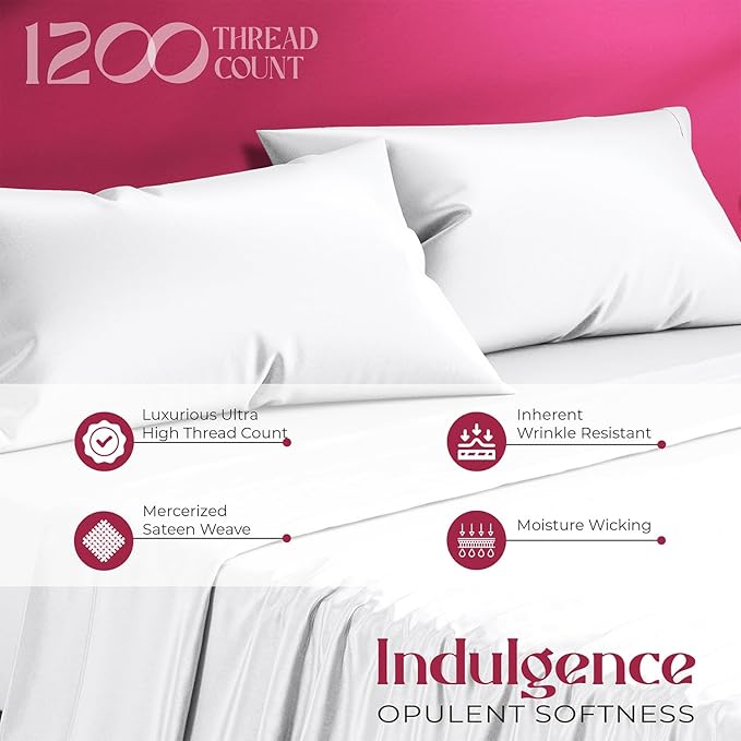 Mayfair Linen 100% Egyptian Cotton Sheets King Size Bed Set - 4 PC 1200 Luxury High Thread Count White Egyptian Cotton King Sheet Set, Silky Soft, Cooling, Sateen Weave, 17" Deep Pocket Bedsheet