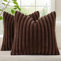 decorUhome Faux Fur Throw Pillow Covers 18x18 Set of 2, Decorative Soft Plush Striped Neutral Couch Euro Pillow Covers with Velvet Back for Sofa, Bed, Living Room Home Decor, Dark Brown