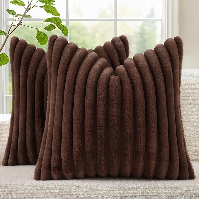 decorUhome Faux Fur Throw Pillow Covers 18x18 Set of 2, Decorative Soft Plush Striped Neutral Couch Euro Pillow Covers with Velvet Back for Sofa, Bed, Living Room Home Decor, Dark Brown