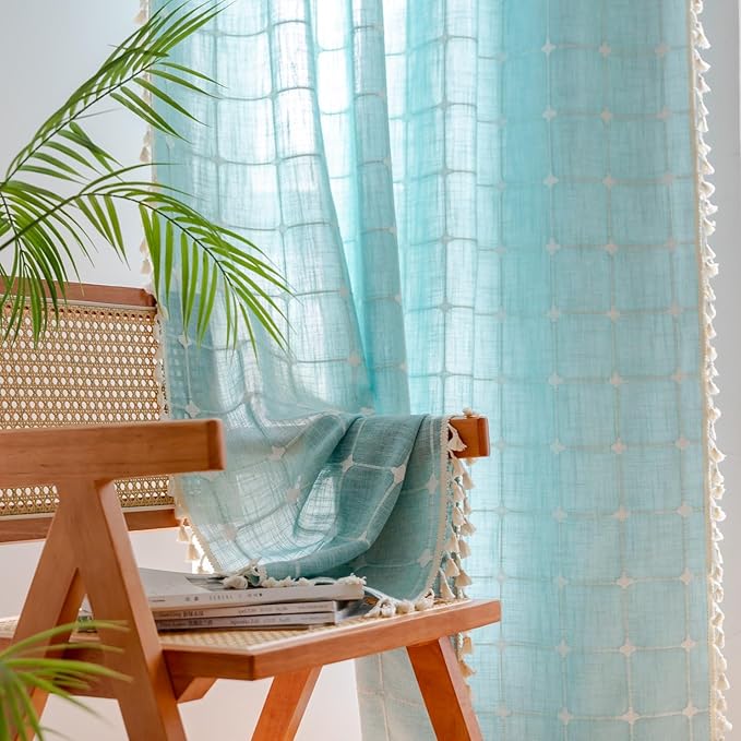 Sutuo Home Boho Curtains 96 Inches Long for Bedroom Living Room, Semi Blackout Linen Plaids Farmhouse Tassels Window Treatment Bohemian Embroidery Drape,Rod Pocket 1 Panel 52" W x 96" L, Aqua Blue