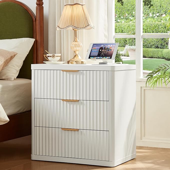 LEYAOYAO 48" Wide Fluted Dresser and 3 Drawers 23" Nightstand Set of 2, Wooden Dresser & Night Stand with Charging Station, 3 Piece Bedroom Furniture Set, Chest of Drawer for Living Room,Antique White