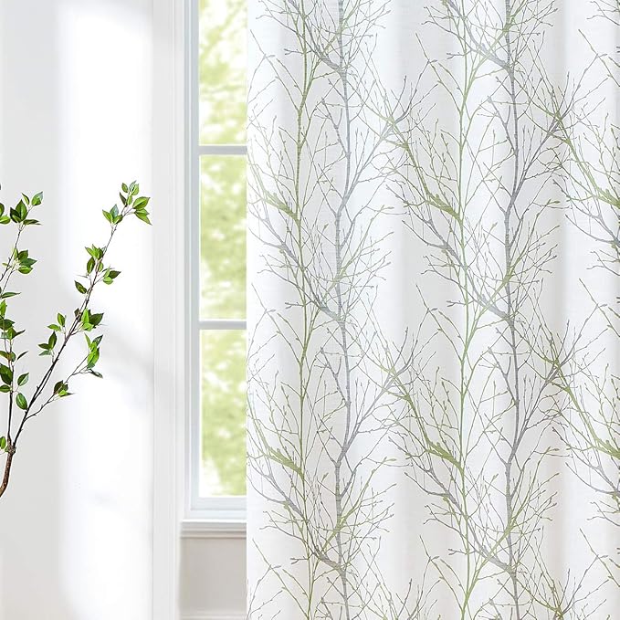 FMFUNCTEX Green White Sliding Glass Door Curtain 84 Inches Long Grey Branch Print Patio Door Panel Tree Semi Sheer Curtains Linen Window Drapes 100 inch Wide Room Divider Curtains 1 Panel Grommet Top