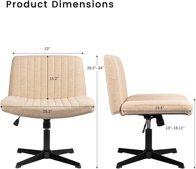 PUKAMI Criss Cross Chair,Armless Cross Legged Office Desk Chair No Wheels,Fabric Padded Modern Swivel Height Adjustable Mid Back Wide Seat Computer Task Vanity Chair for Home Office(Yellow)