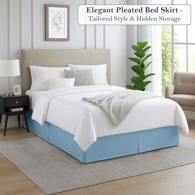 Queen Bed Skirt, Luxury 12 Inch Drop Light Blue Pleated Bed Skirt, Double Brushed Microfiber, Box Pleat Design, Wrinkle & Fade Resistant, Easy Fit Tailored Bedskirt for Queen Size Beds