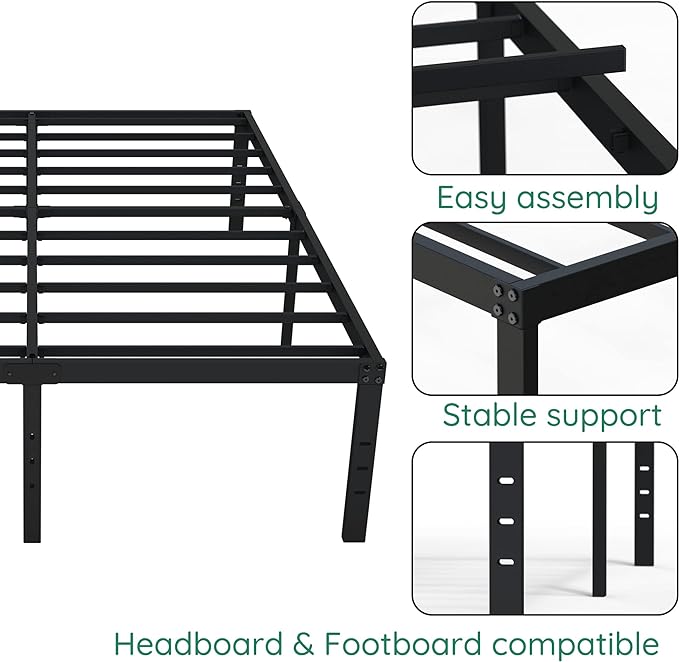 18 Inch King Bed Frame Heavy Duty Metal Platform No Box Spring Needed, Maximum Storage, Easy Assembly, No Noise, Black
