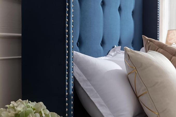 King Size Upholstered Bed Frame, 54" Tall Headboard Platform Bedframes with Nail Head Decorative Wingback, Hand Buttoned Tufting Headboard Beds/No Box Spring Needed/Minimalism, Blue Velvet