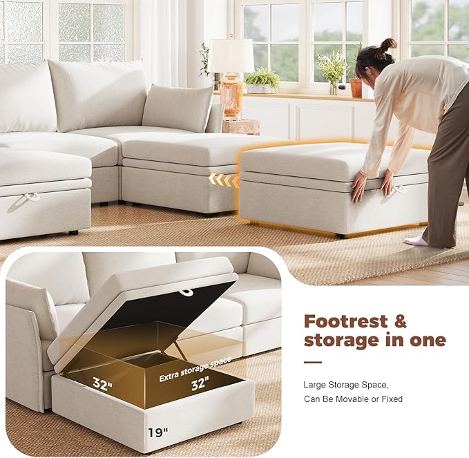 ABCASA 102.6" Modular Sectional Sofa, L Shaped Couch Set for Living Room, 3-Seater Comfy Cloud Couches with Movable Storage Ottoman,DIY Combination - Chenille White