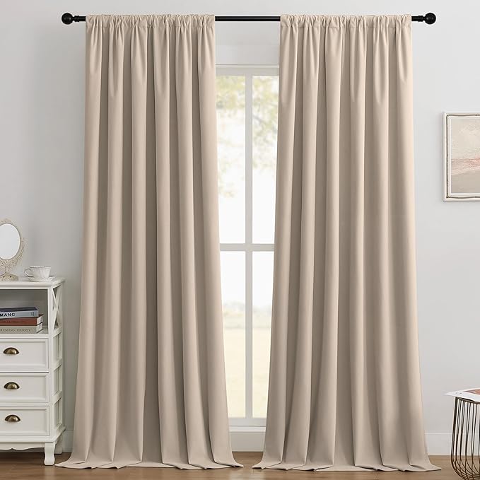 Joydeco Beige 100% Blackout Curtains 120 Inch 2 Panels, Luxury Thermal Beige Velvet Curtains for Bedroom Living Room, Soundproof Blackout Window Drapes, Rod Pocket & Back Tab (52W x 120L)
