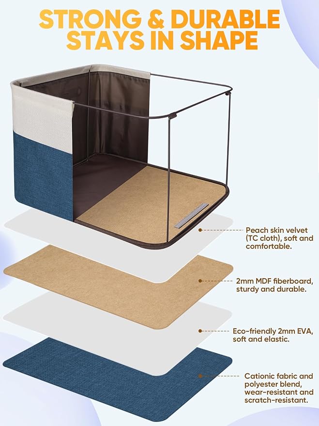 BALEINE 4 Pack Fabric Storage Bins for Shelves, Linen Storage Baskets for Organizing, Decorative Closet Bins for Clothes, Home (Navy Blue, 17''x13''x10.5'')