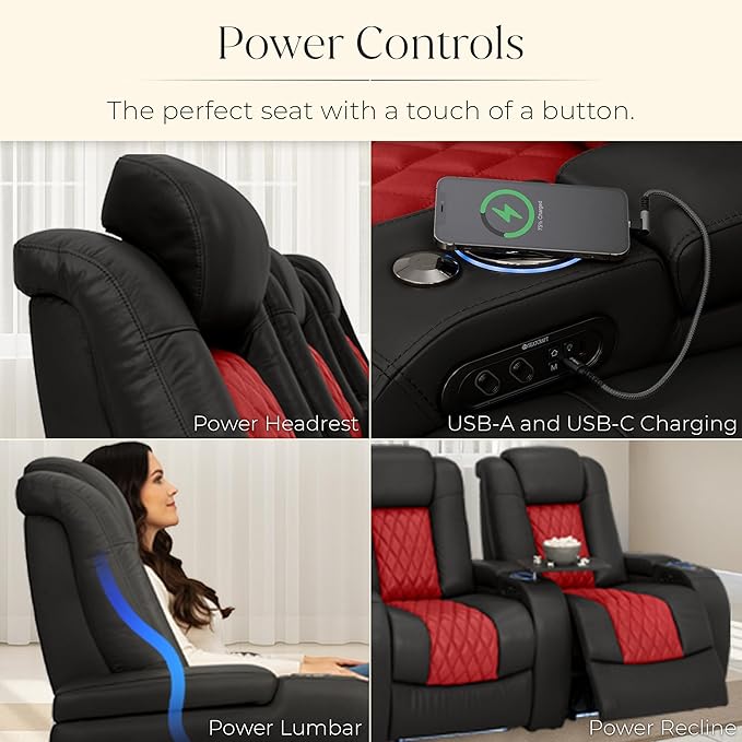 Seatcraft Diamante Zero-Gravity CoolZero Italian Leather Home Theater Seating, Power Headrest, Power Recline, Row of 4 Right Loveseat, Black/Red