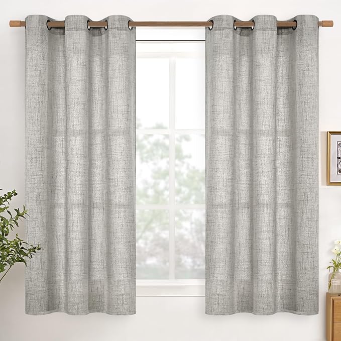 YoungsTex Dark Grey Linen Curtains 48 Inch Length for Short Window, Light Filtering Semi Sheer Drapes with Bronze Grommet for Living Room Kitchen Bathroom Bedroom, 2 Panels, 42 X 48 Inch