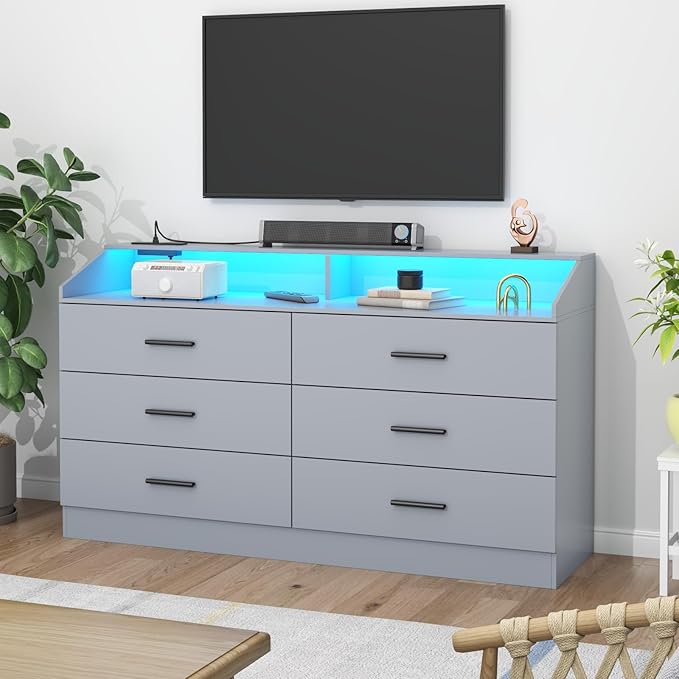 6 Drawer Dresser with Power Outlet, Chest of Drawer with LED Light, Modern Dresser with Open Storage Cubby, Double Wide Dressers Organizer for Bedroom, Living Room, Entryway, Hallway (Grey, 6 Drawers)