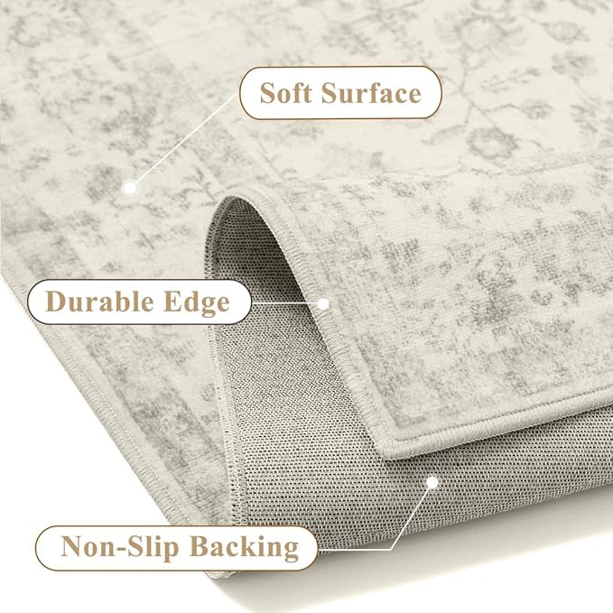 3x5 Grey Area Rug Non Slip Vintage Office Entryway Rug Distressed Machine Washable Kitchen Carpet Traditional Retro Floral Accent Throw Door Mat for Bedroom Bathroom Dining Living Room