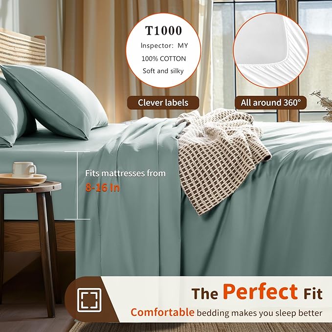 LBRO2M 1000 Thread Count 100% Egyptian Cotton Sheets Set Twin XL, 3 Piece Sets Bed Sheet Deep Pocket Sheet Set 16" Soft Comfortable All Season (Twin XL, Sage Green)