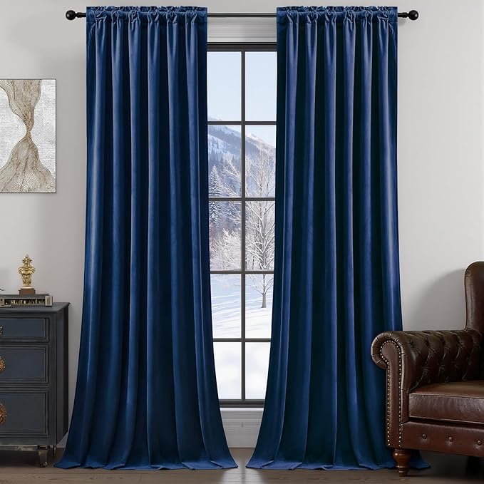 Navy Blue Velvet Blackout Curtains 96 Inches for Bedroom, Elegant Privacy Room Darkening Thermal Insulated Curtain Soft Luxury Window Drapes for Living Room,Back Tab Rod Pocket, W52 x L96, 2 Pcs