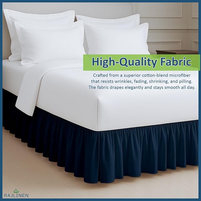 Rajlinen Ruffled Bed Skirt Queen, 16 Inch Drop Dust Ruffle with Split Corners, 100% Microfiber Bedskirt with Platform, Three-Sided Coverage Ruffled Gathering Design, Navy Blue