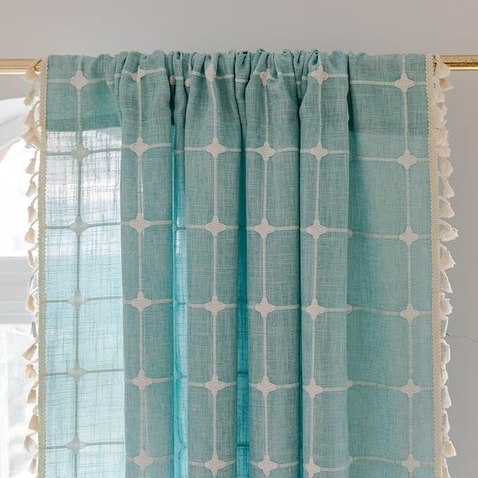 Sutuo Home Boho Curtains for Kitchen Nursery Kid's Room,Bohemian Semi Blackout Plaids Linen Privacy Farmhouse Tassels Window Treatment Embroidery Drape, Rod Pocket 1 Panel 52" W x 63" L, Aqua Blue