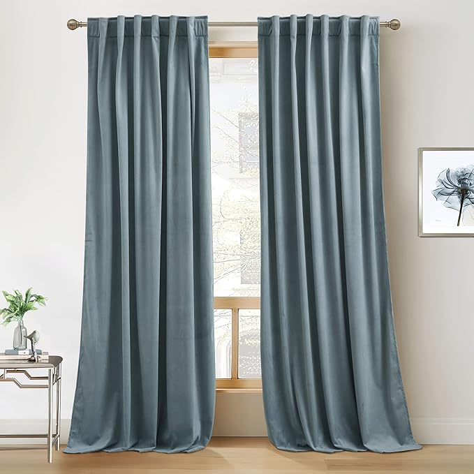 RYB HOME Blue Velvet Curtains 84 inches- Blackout Curtains for Living Room, Thermal Insulated Noise Reducing Panels Soft Luxury Window Decor for Bedroom, Stone Blue, W52 x L120 inches, 2 Panels