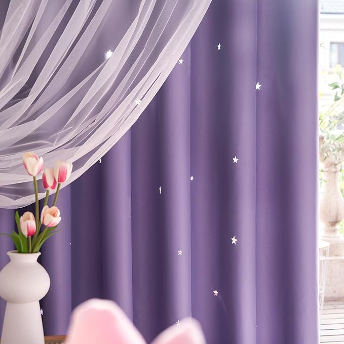 Stars Curtains Double Layer Curtains Blackout Curtains for Bedroom Kids Curtains Cute Curtains Kids Blackout Curtains, Curtains 108 Inches Long 2 Panels Set, Purple Curtains, 52 X 108 Inches