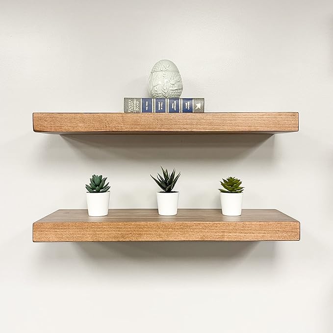 URBANDI, Rustic Floating Shelves, Set of 2, Hidden Bracket, Solid Wood, Heavy Duty, Wall Mounted Shelves, (Brown, 36Wx8D)