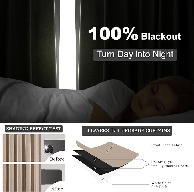 Topfinel Pinch Pleated Curtains 90 Inch Long, 100% Blackout Thermal Insulated Natural Linen Pinch Pleat Viral Drapes with Hooks Rings 2 Panel Sets, Neutral Birch Ivory 7.5FT Back Tab Window Curtains