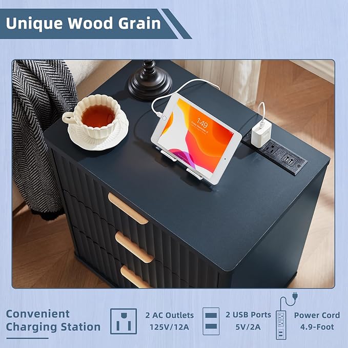 LEYAOYAO Fluted Dressers & Nightstand Set of 3, Wood 48" Wide Dresser & 42" Tall Chest of Drawers,Modern Bedroom Furniture Sets, Navy Blue Wooden Nightstand with 3 Drawers & Charging Station