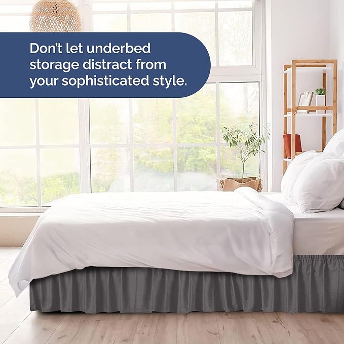 Wrap Around Dust Ruffle Bed Skirt - Dark Grey - for King Size Beds with 21 Inch Drop - Elastic Strap - Adjustable Pleated Bedskirt with Brushed Fabric and Wrinkle Free - for Women, Men, Kids & Teens