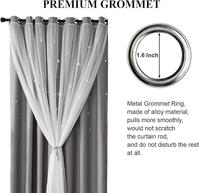 Star Double Layer Blackout Curtains for Bedroom, Kids - Cute, 96 Inches Long, 2 Panels Set, Grey, 42 X 96 Inches