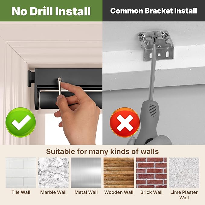 HESTIA No Drill Cordless Blackout Roller Shades Screwless Waterproof Shower Window Blinds, Auto-Retraction Easy Install Blind for Bathroom/Kitchen/Office/Exterior, Black, 35" W x 72" H
