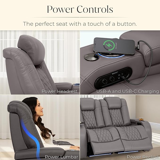 Seatcraft Diamante Zero-Gravity CoolZero Italian Leather Home Theater Seating, Power Headrest, Power Recline, Row of 5 Right Loveseat, Gray