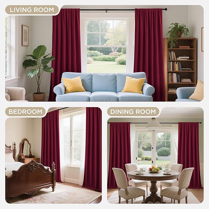 Joydeco Red 100% Blackout Curtains 96 Inch 2 Panels, Luxury Thermal Red Velvet Curtains for Bedroom Living Room, Soundproof Blackout Window Drapes, Rod Pocket & Back Tab (52W x 96L)