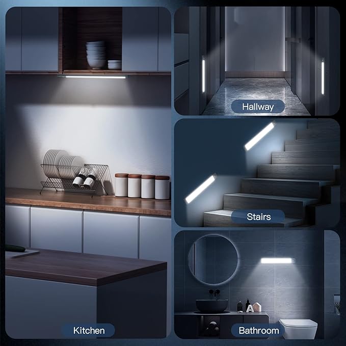10inch Under Cabinet Lighting, 2 Pack Rechargeable Motion Sensor Light Indoor, 5 Levels Dimmable Magnetic Closet Lights, Wireless Under Counter Lights for Kitchen, Stairs