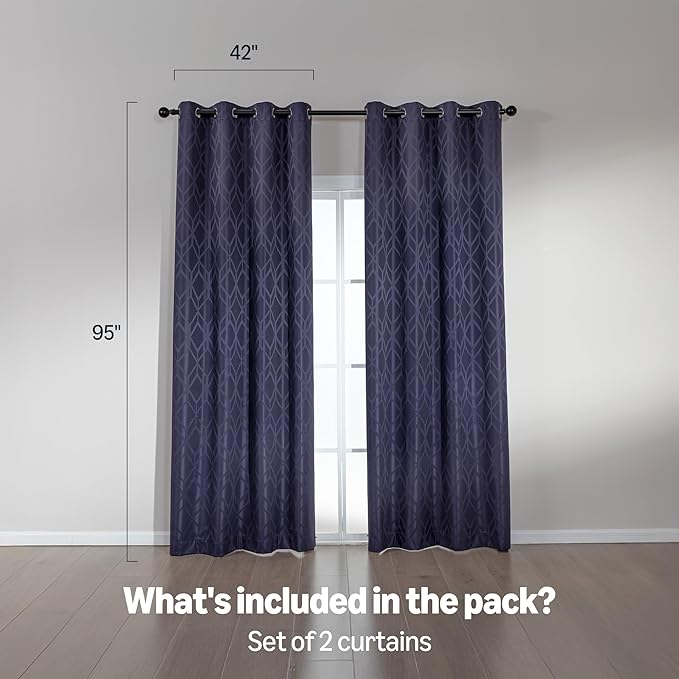 Amazon Basics Jacquard 2-Piece 100% Blackout Curtains, Living Room and Bedroom Drapes, Thermal Insulated Window Treatment, 42"x95", Dark Blue