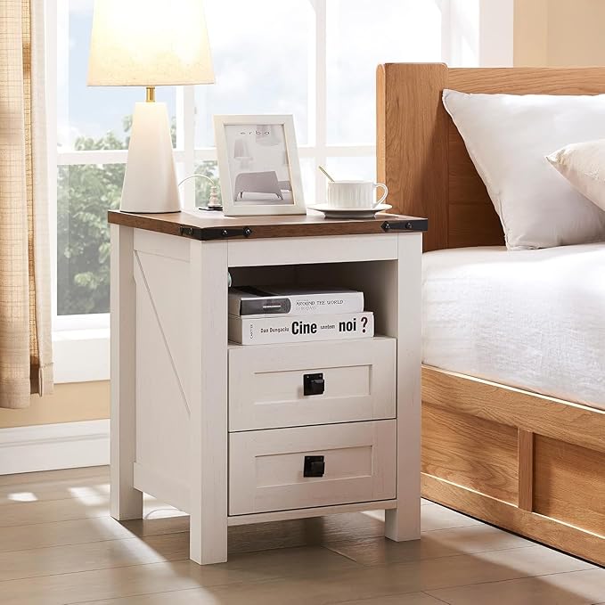 T4TREAM Farmhouse Nightstand Set of 2 with Charging Station, Rustic End Table with 2 Drawers, Storage Open Shelf for Bedroom, Living Room, Wood Side Table, Antique White