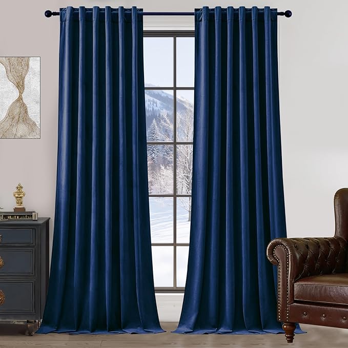 Navy Blue Velvet Blackout Curtains 96 Inches for Bedroom, Elegant Privacy Room Darkening Thermal Insulated Curtain Soft Luxury Window Drapes for Living Room,Back Tab Rod Pocket, W52 x L96, 2 Pcs