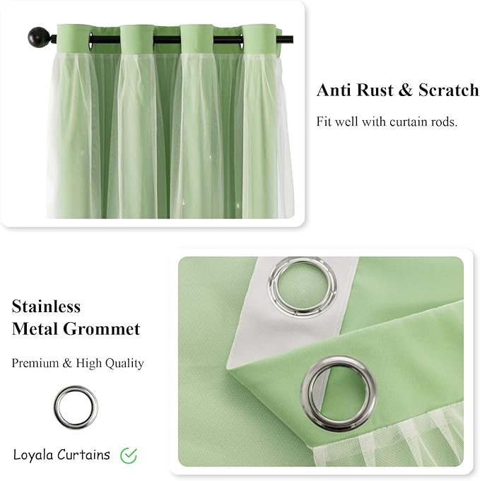 Stars Double Layer Blackout Curtains for Bedroom Kids, Cute, 108 Inches Long, 2 Panels Set, Green