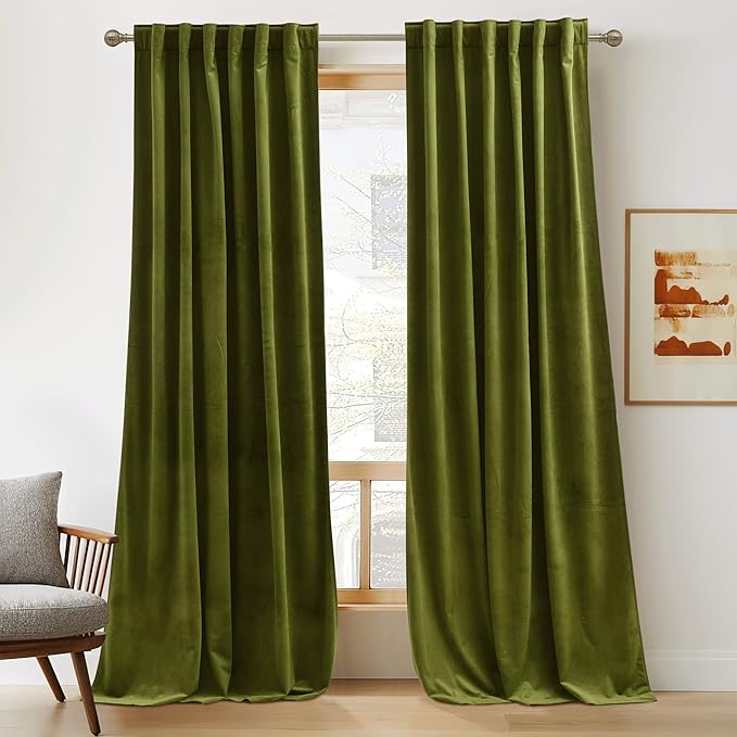 RYB HOME Moss Green Velvet Curtains 100 inches, Back Tab Soft Fabric Room Darkening Thermal Insulated Luxurious Home Decor Curtains for Living Room Bedroom, W 52" x L 100", 2 Panels Set