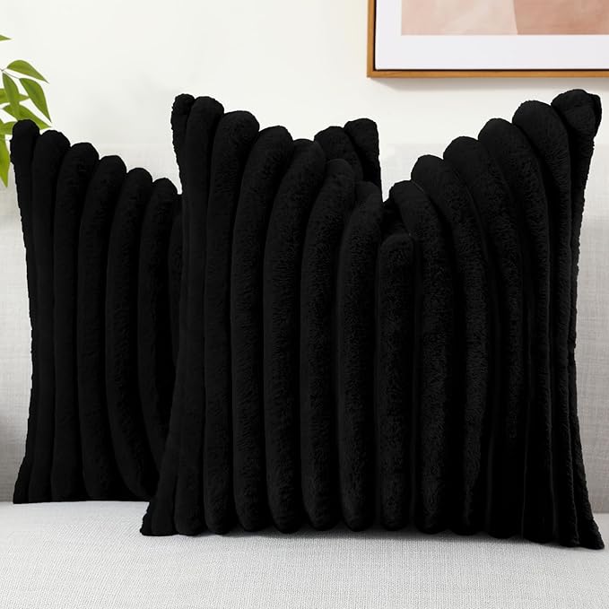 decorUhome Faux Fur Spring Throw Pillow Covers 16x16 Set of 2, Decorative Soft Plush Striped Neutral Couch Pillow Covers with Velvet Back for Sofa, Bed, Living Room Home, Black